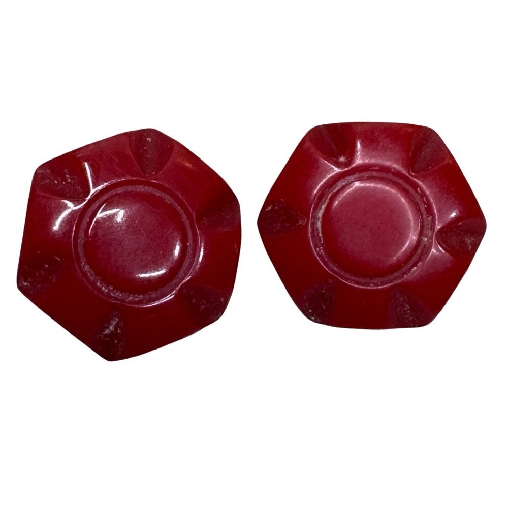 Vintage Hand Carved Tested Cherry Red BAKELITE Clip on Earrings MCM Retro Y2K